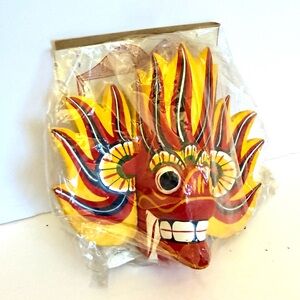 Vintage Sealed Sri Lankan Gini Raksha Fire Devil Hand-Carved Wooden Mask